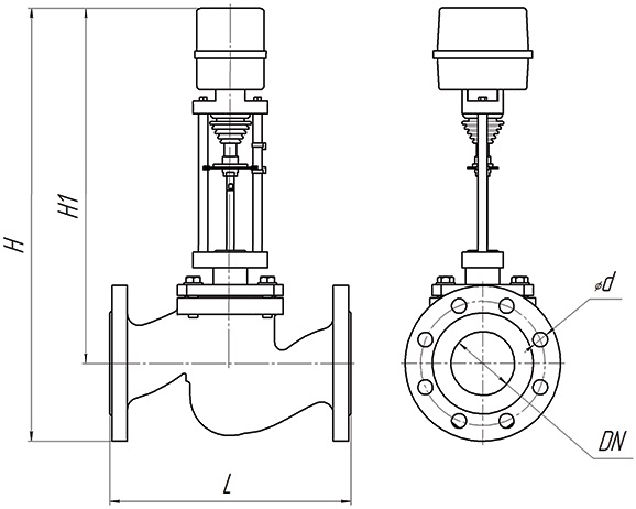 Клапан регулирующий двухходовой DN.ru 25ч945п Ду15 Ру16 Kvs4, серый чугун СЧ20, фланцевый, Tmax до 150°С с электроприводом Катрабел TW-500-XD24